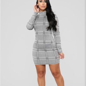 Plaid grey long sleeve turtle neck dress